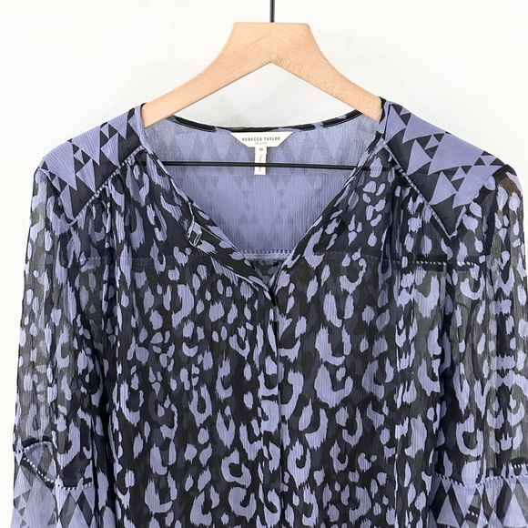 Rebecca Taylor long Sleeve Leopard Silk Blouse Black Size 10 - Picture 2 of 5